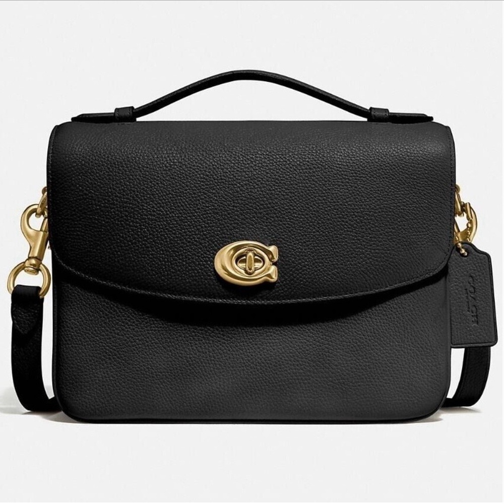 Coach Cassie Black Pebble Leather Top Handle Crossbody Messenger Turn-lock Bag